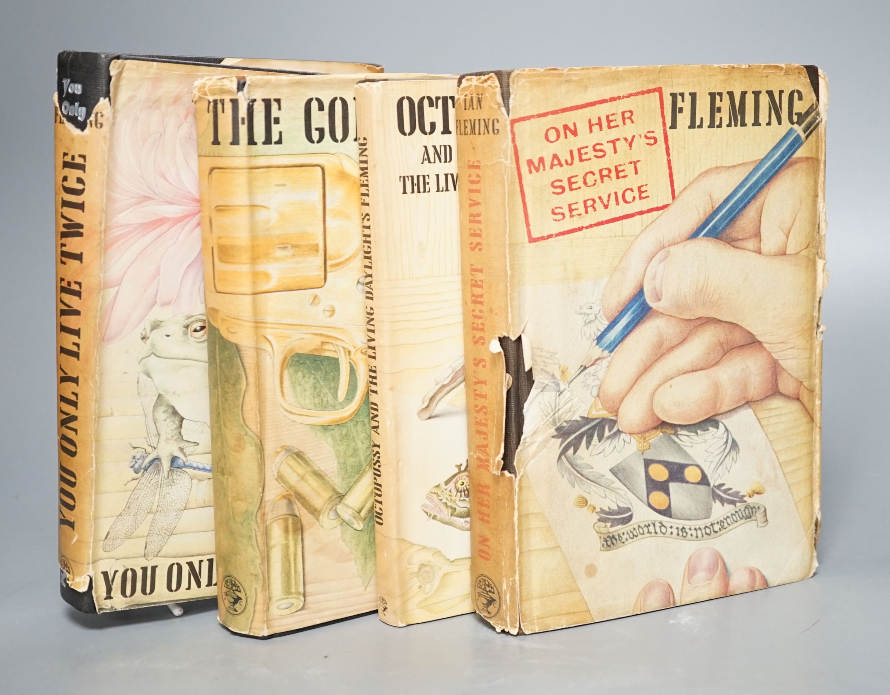 Fleming, Ian - On Her Majesty’s Secret Service, 1st edition, 8vo, black cloth, with white ‘’ski-track’’ motif, with torn and sunned unclipped d/j, owners inscription to front fly-leaf, Jon Cape, London, 1963